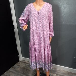 Destination 365 Elegant Pink Patterned Maxi Dress Long Sleeve Button Down Sz MP